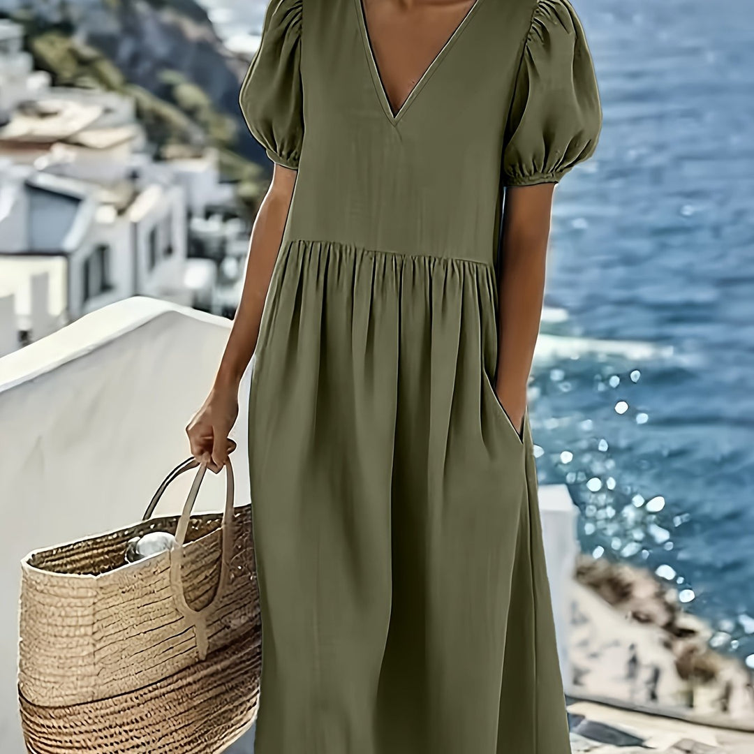 Puff Sleeve V Neck Smocked Waist Flowy Casual Midi Dress