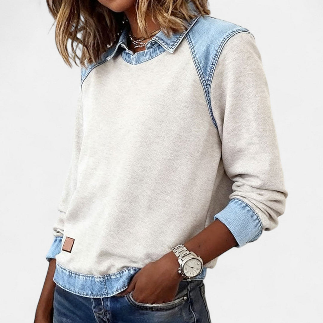 Genevieve | Women's Denim Trim Crew Neck Sweatshirt