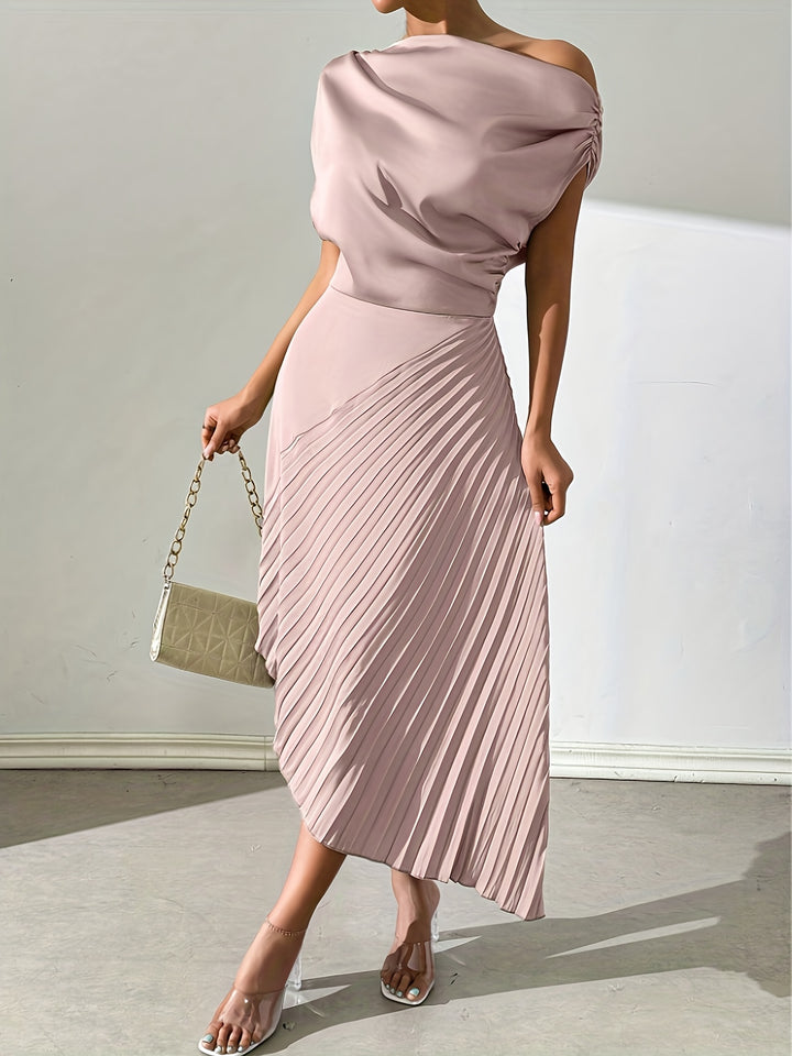 Draped One Shoulder Pleated Skirt Midi Dress - Wedding Guest