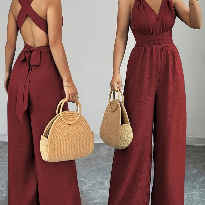 Linen Halter V Neck Ruched Wide Leg Elegant Jumpsuit