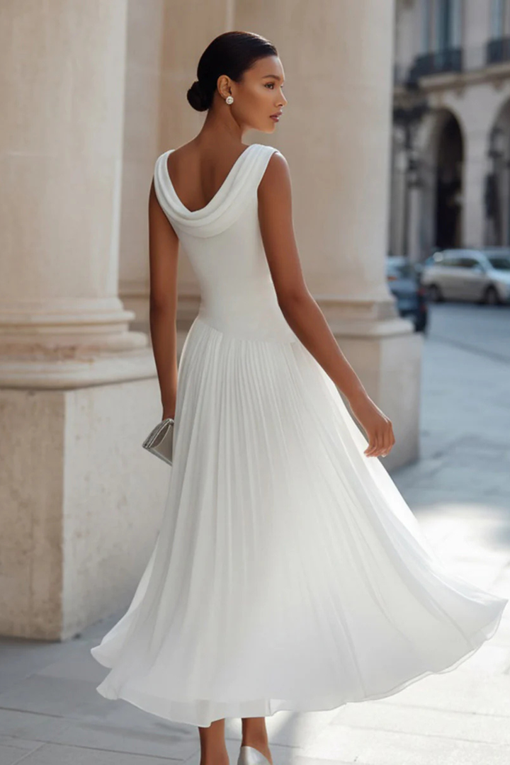 Cowl Neck Sleeveless Fitted Bodice Pleated Chiffon Midi Dress - Wedding Guest