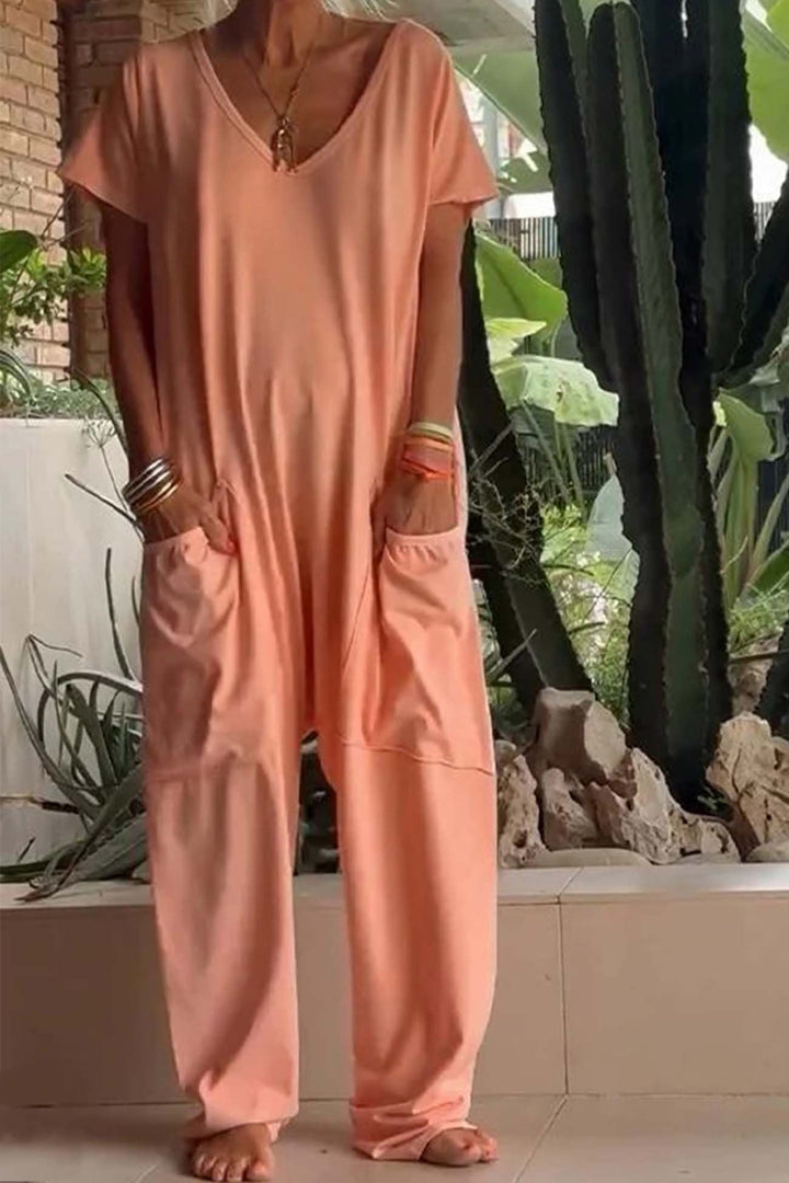 V Neck Short Sleeve Dropped Crotch Casual Jumpsuit