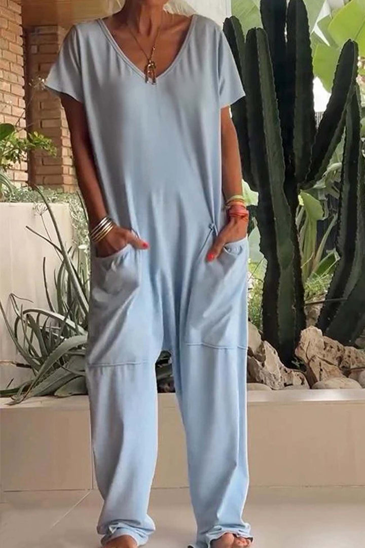 V Neck Short Sleeve Dropped Crotch Casual Jumpsuit