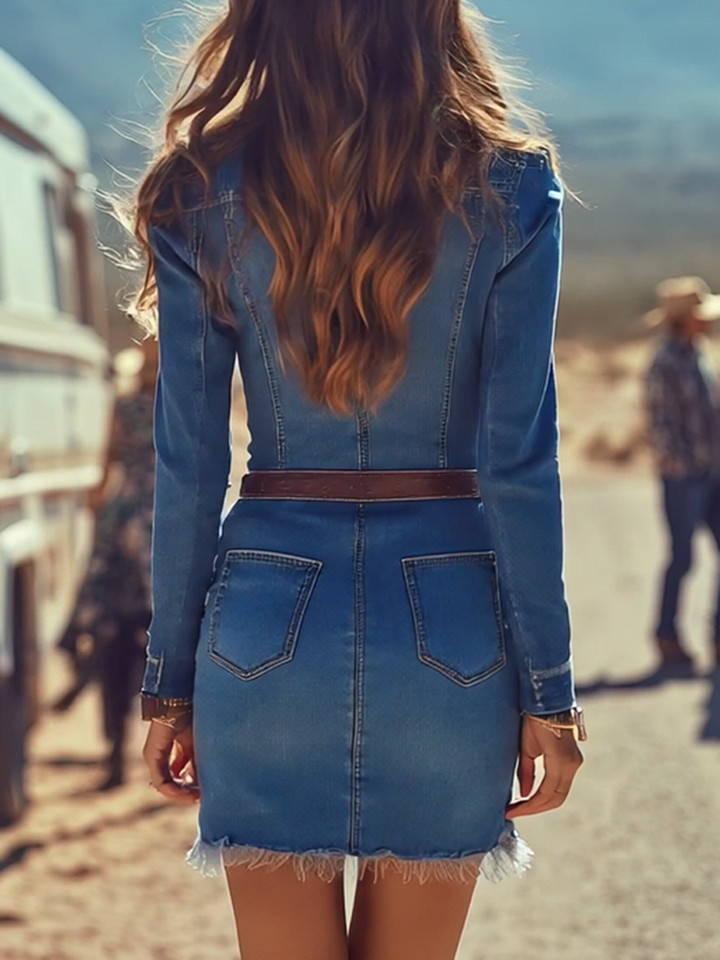 Twin Chest Pocket Button Up Raw Hem Denim Mini Dress