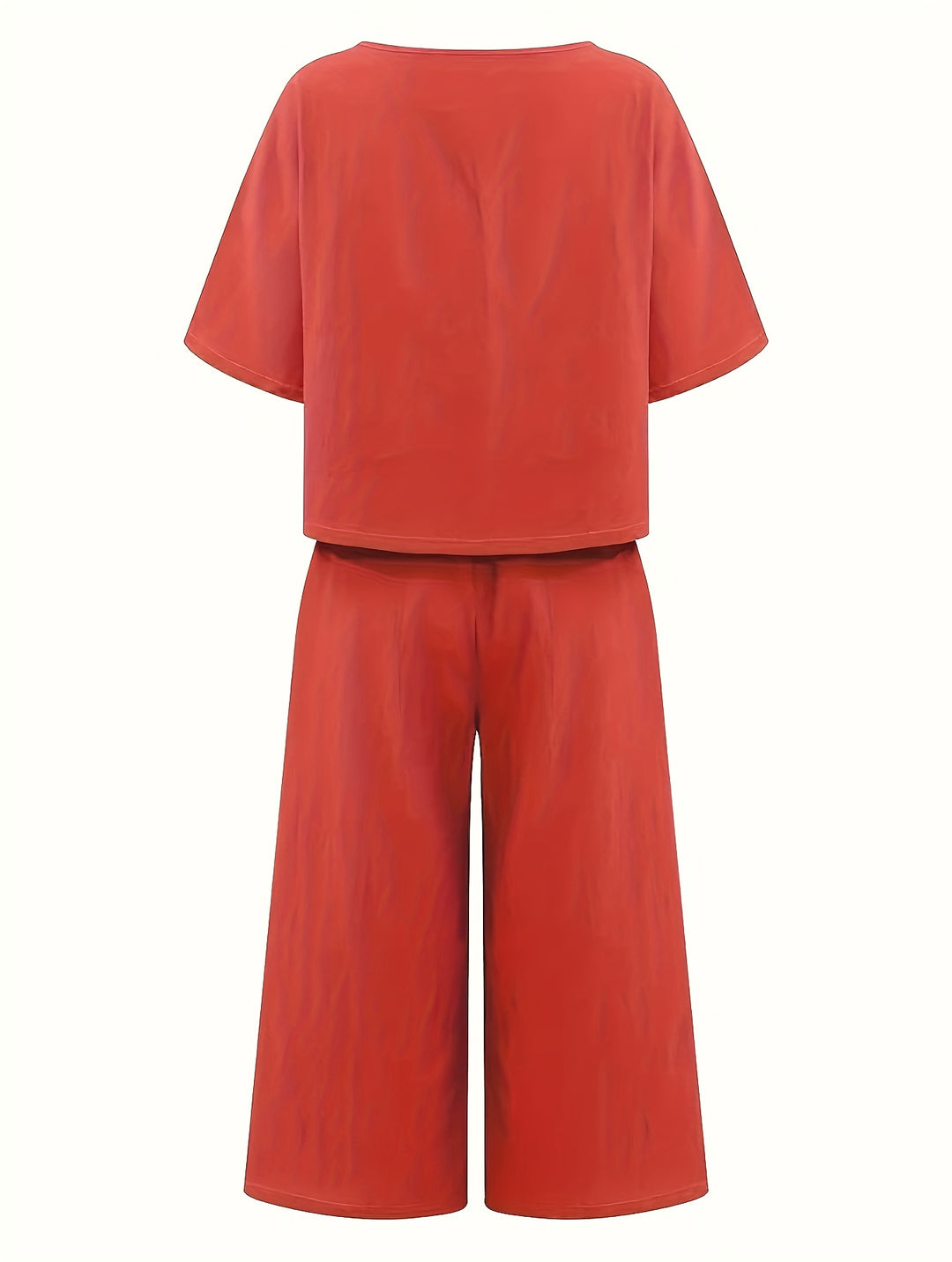 Linen Crew Neck Short Sleeve Top and Wide Leg Pants Set
