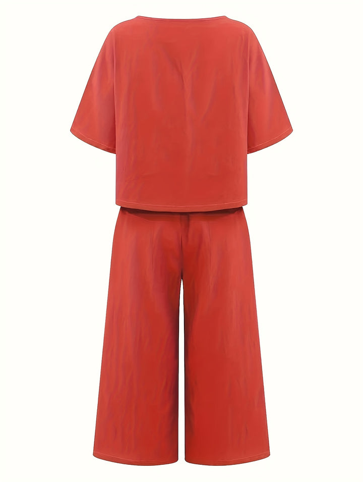 Linen Crew Neck Short Sleeve Top and Wide Leg Pants Set