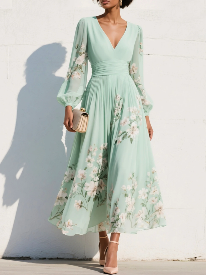 Floral Border Print V-Neck Pleated Balloon Sleeve Midi Dress - Wedding Guest