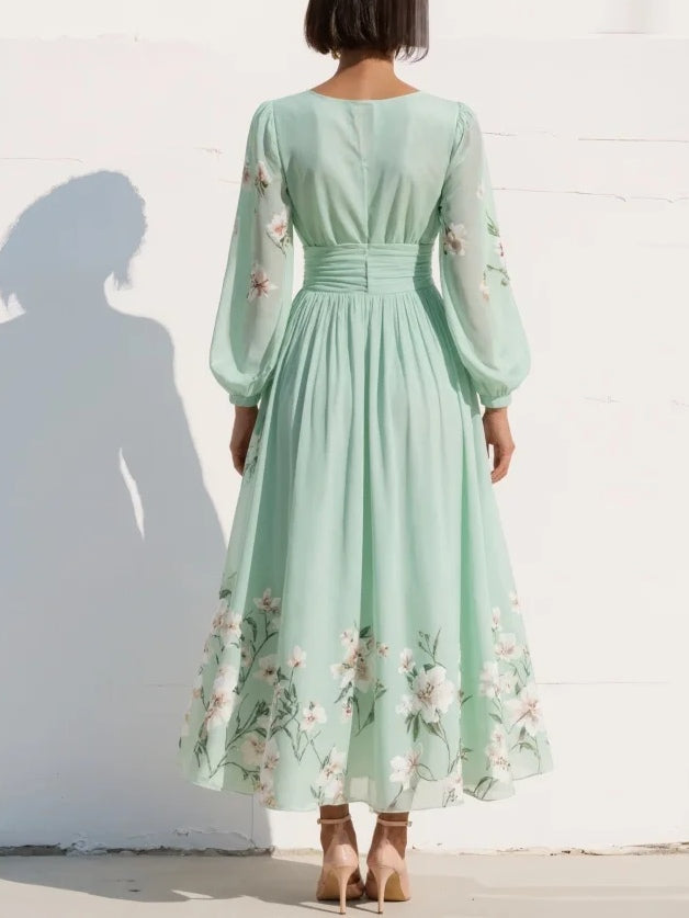Floral Border Print V-Neck Pleated Balloon Sleeve Midi Dress - Wedding Guest