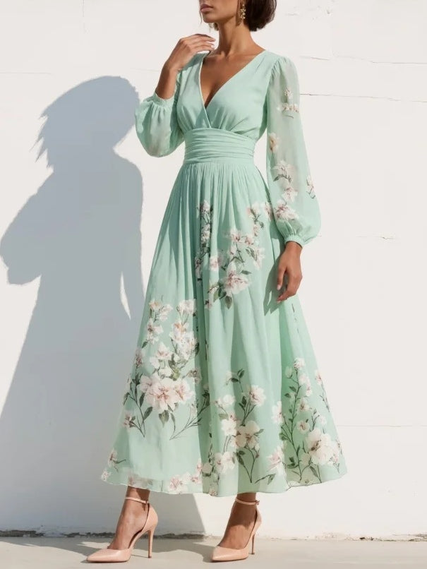Floral Border Print V-Neck Pleated Balloon Sleeve Midi Dress - Wedding Guest
