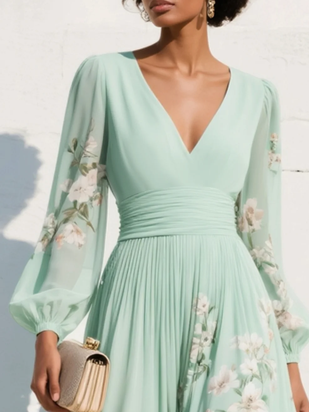Floral Border Print V-Neck Pleated Balloon Sleeve Midi Dress - Wedding Guest