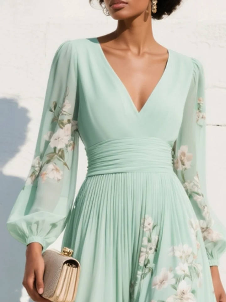 Floral Border Print V-Neck Pleated Balloon Sleeve Midi Dress - Wedding Guest
