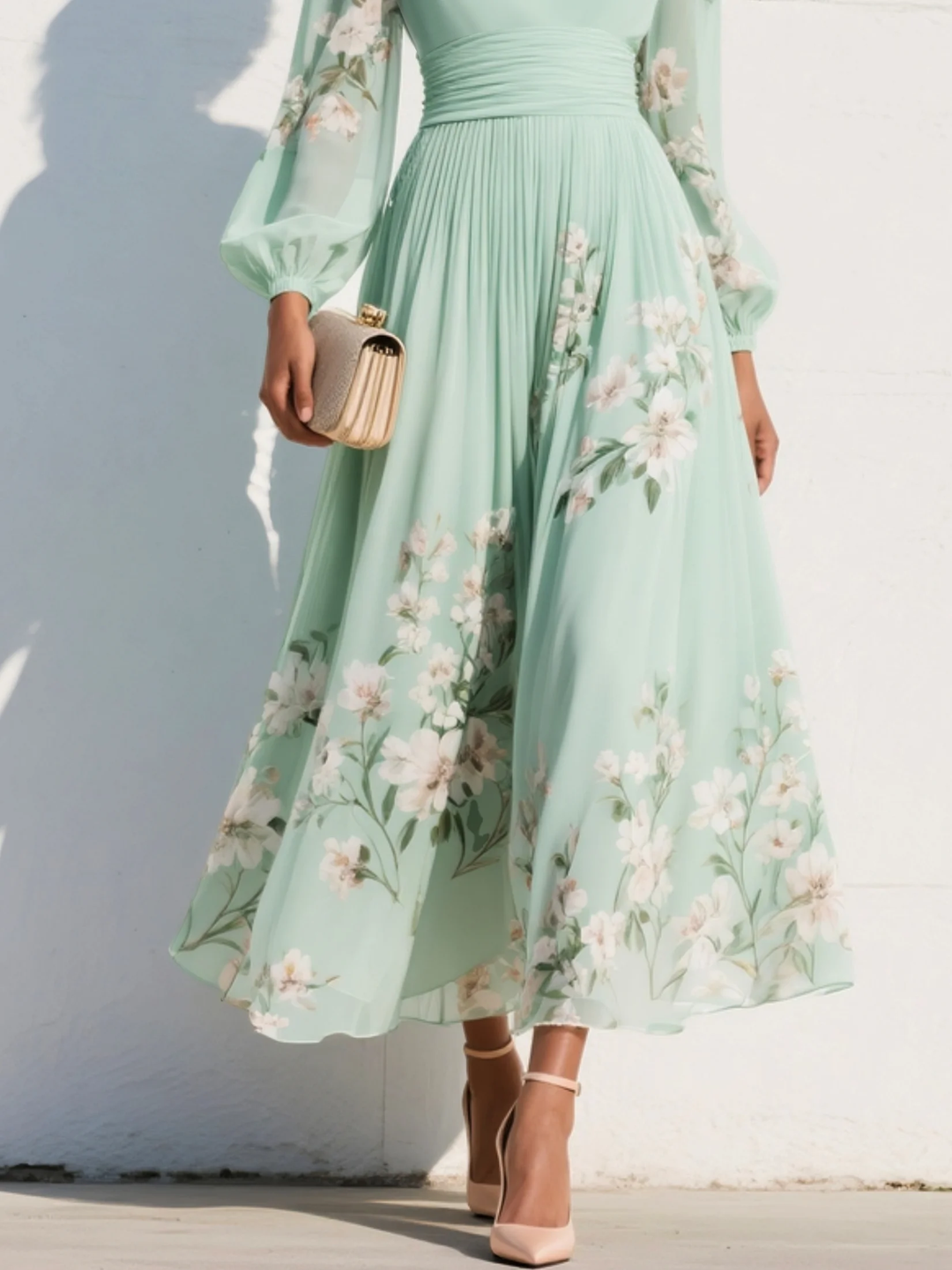Floral Border Print V-Neck Pleated Balloon Sleeve Midi Dress - Wedding Guest