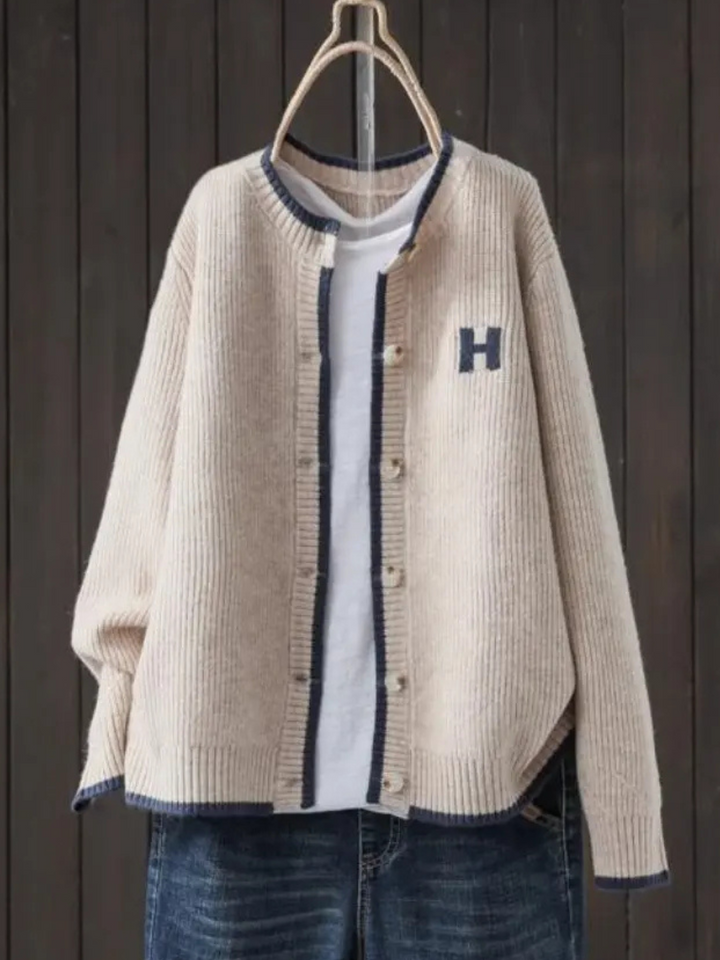 Rosalind | Women's Varsity Letter Patch Contrast Trim Cardigan