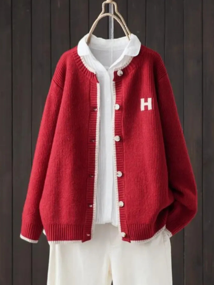 Rosalind | Women's Varsity Letter Patch Contrast Trim Cardigan