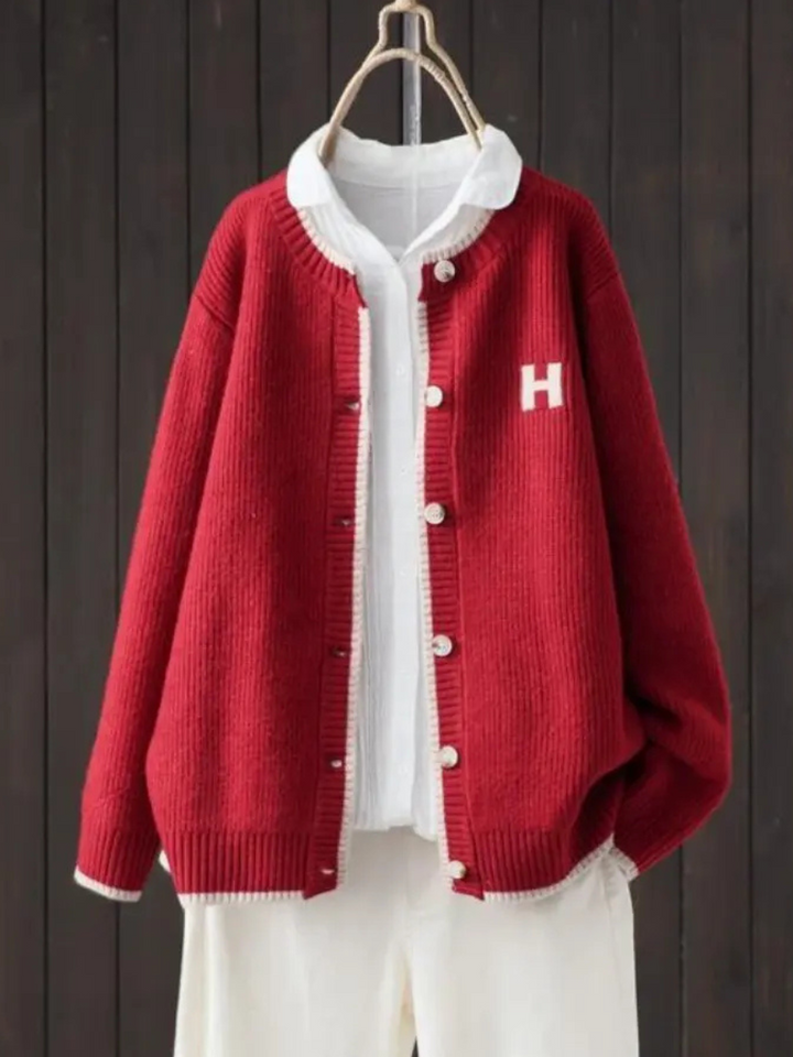 Rosalind | Women's Varsity Letter Patch Contrast Trim Cardigan