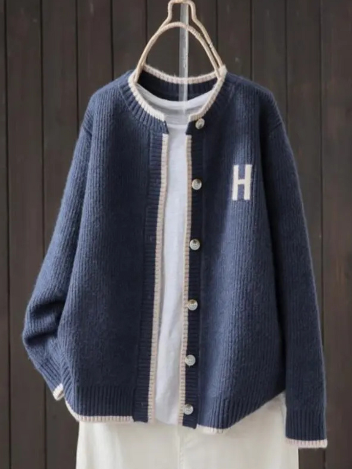 Rosalind | Women's Varsity Letter Patch Contrast Trim Cardigan