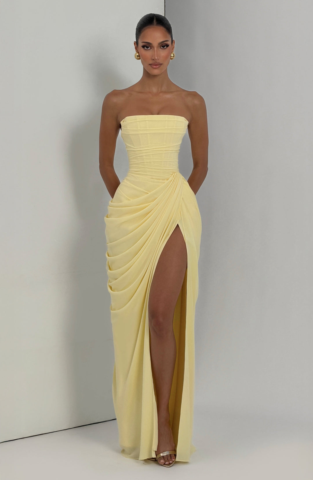 Draped Strapless Thigh Slit Homecoming Dress