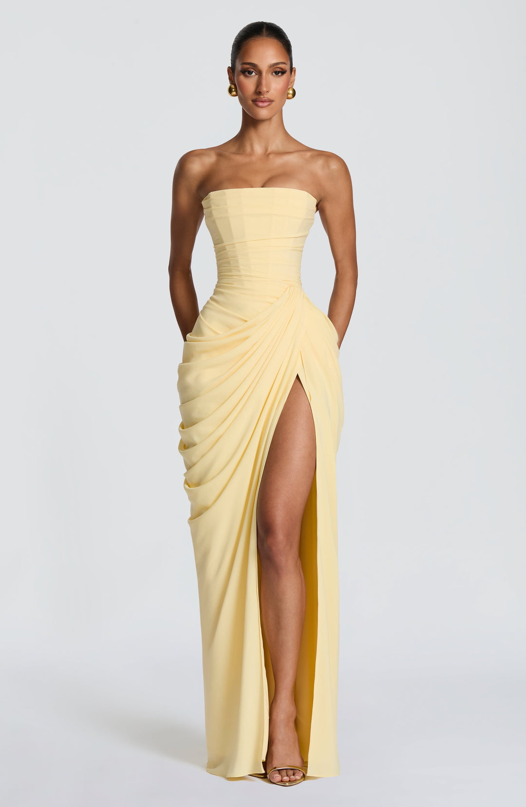 Draped Strapless Thigh Slit Homecoming Dress