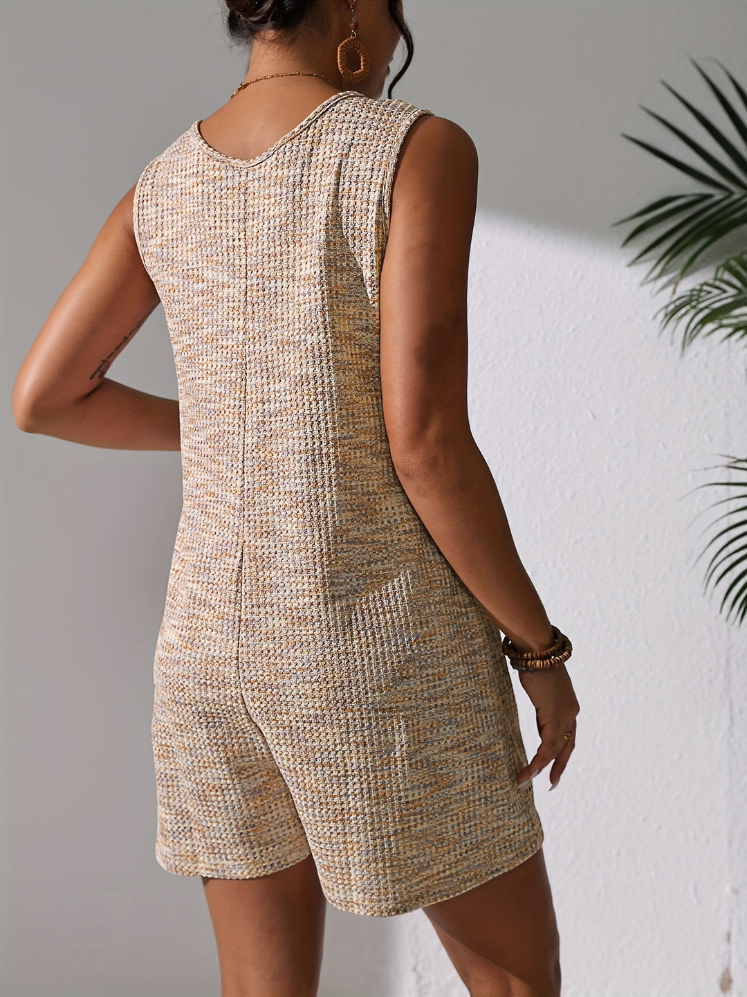 Waffle Knit Scoop Neck Button Front Sleeveless Short Romper
