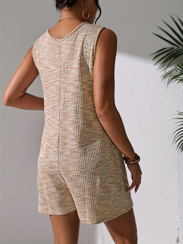 Waffle Knit Scoop Neck Button Front Sleeveless Short Romper