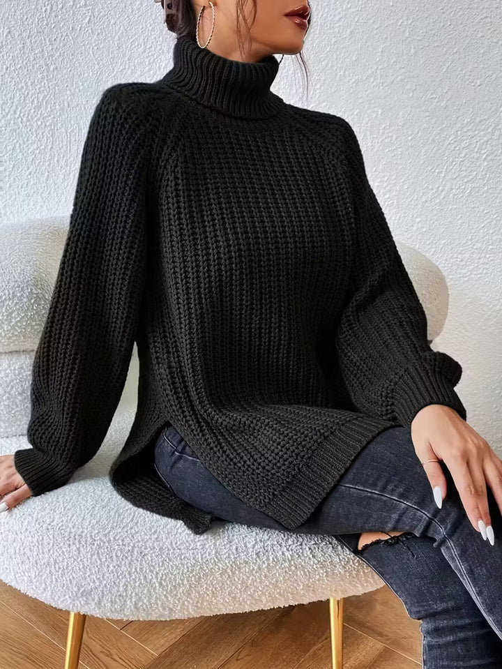 Rylani | Women's Chunky Waffle Knit Turtleneck Sweater with Side Slits