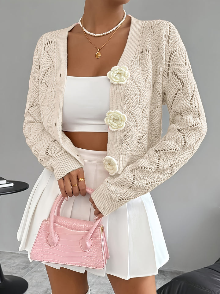 Celeste | Women's Crochet Knit Cardigan with 3D Floral Buttons