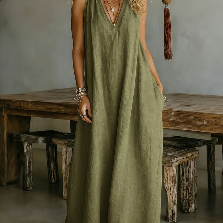 Linen Flowy V Neck Draped Casual Maxi Dress for Vacation