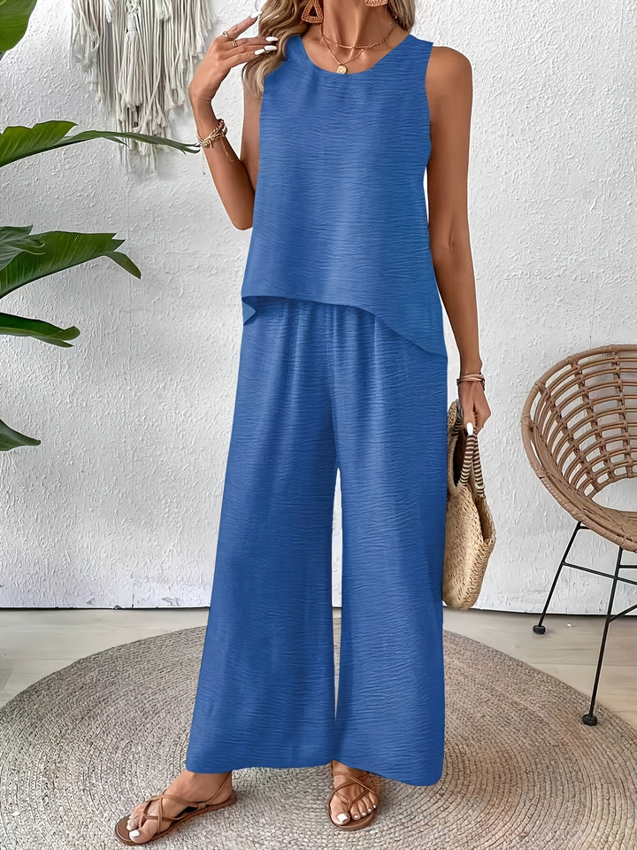 Crochet Back Sleeveless Top and Wide Leg Pants Summer Set