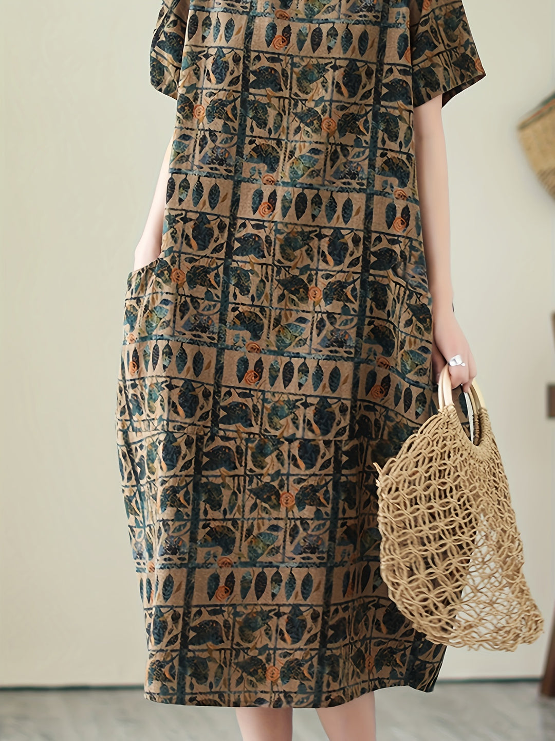 Vintage Botanical Print Crew Neck Short Sleeve Loose Linen Maxi Dress
