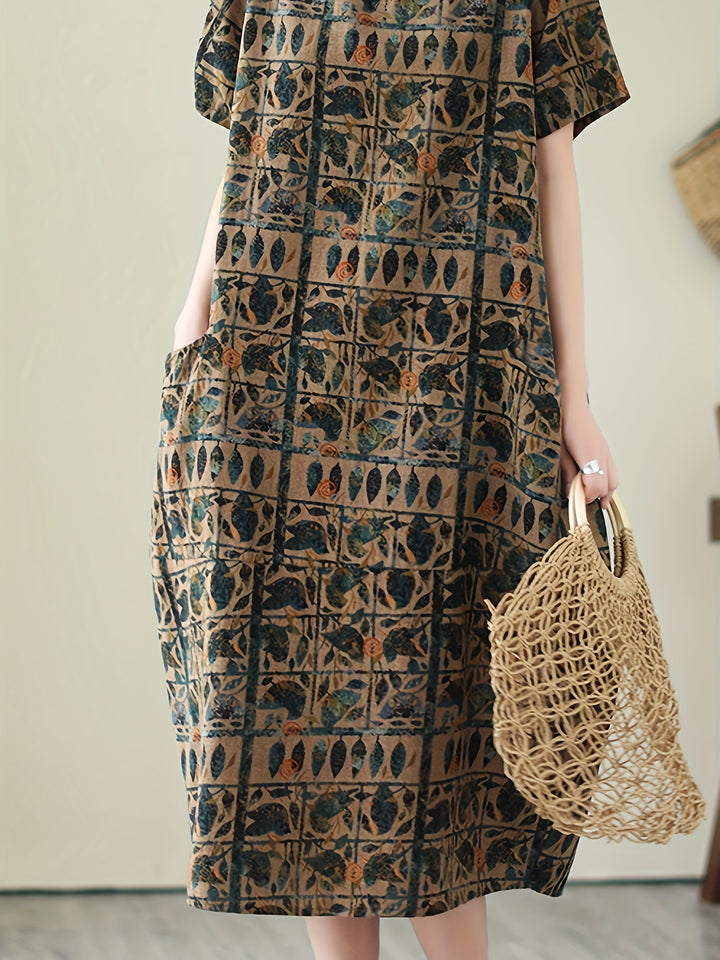 Vintage Botanical Print Crew Neck Short Sleeve Loose Linen Maxi Dress