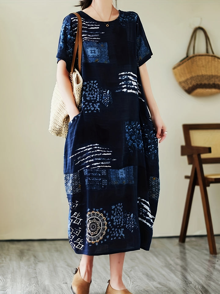 Vintage Botanical Print Crew Neck Short Sleeve Loose Linen Maxi Dress
