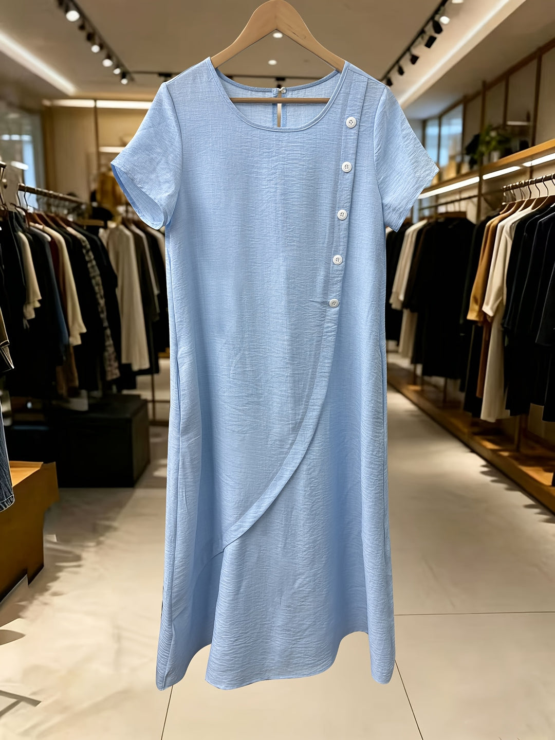 Linen Button Detail Short Sleeve Casual Midi Dress