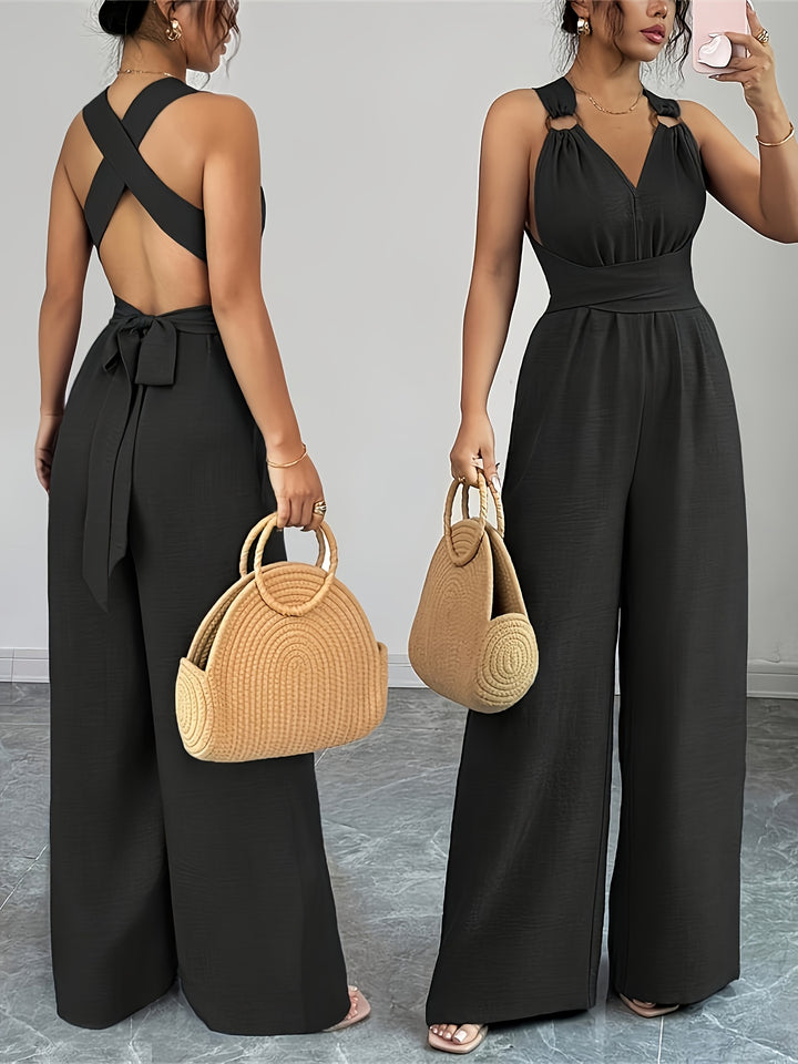 Linen Halter V Neck Ruched Wide Leg Elegant Jumpsuit