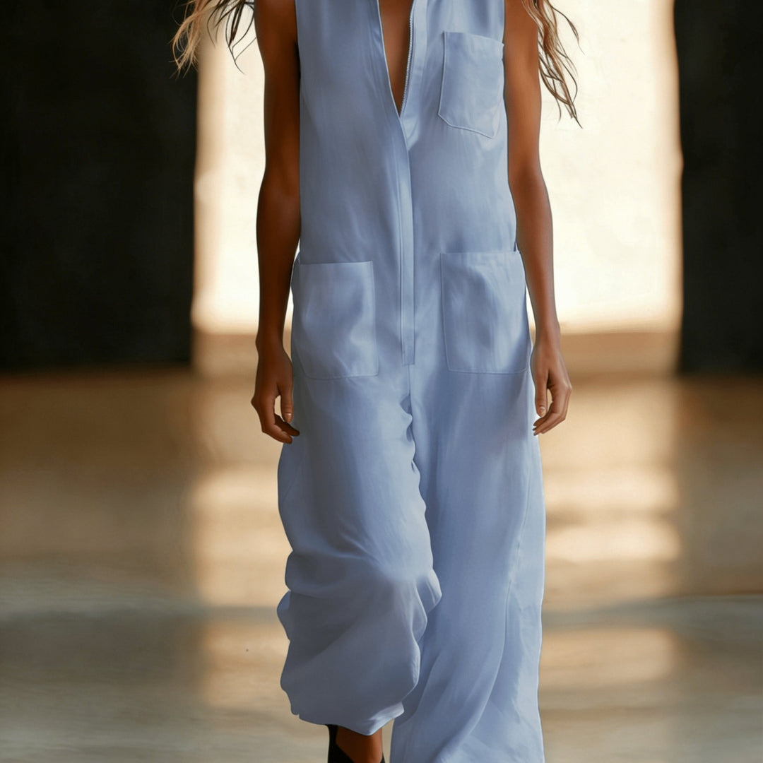 Linen Collared Sleeveless Wide Leg Utility Jumpsuit