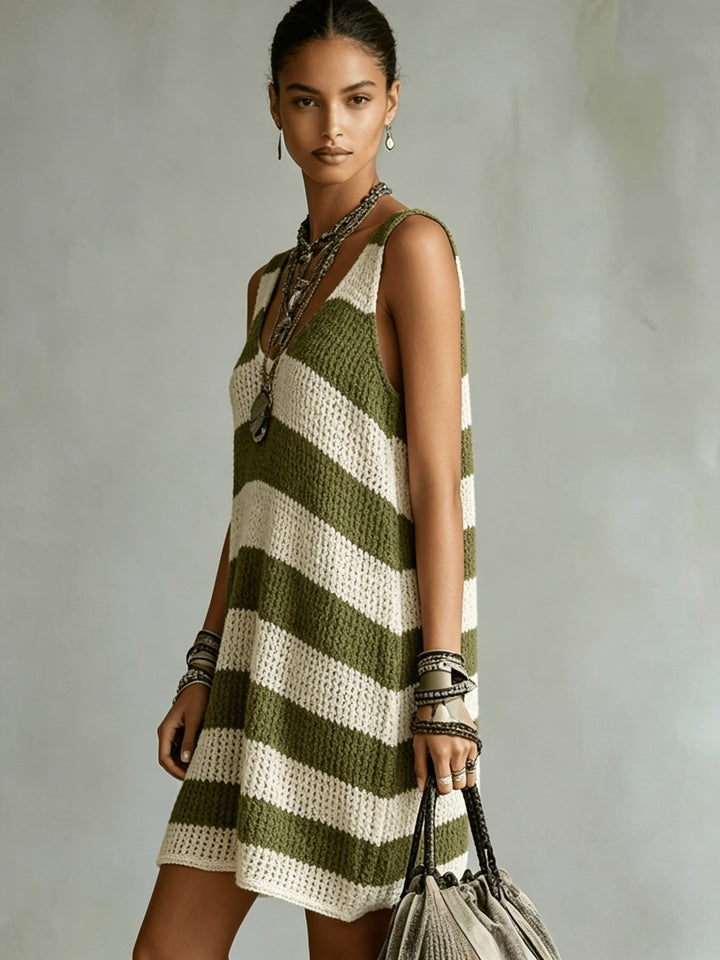 Striped V Neck Knit Casual Mini Dress for Vacation
