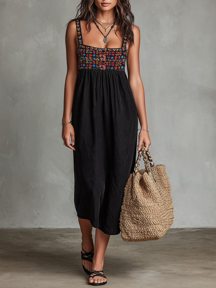Embroidered Bodice Square Neck Sleeveless Boho Midi Dress
