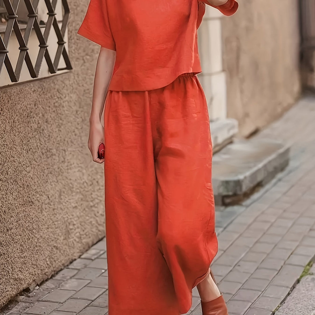 Linen Crew Neck Short Sleeve Top and Wide Leg Pants Set