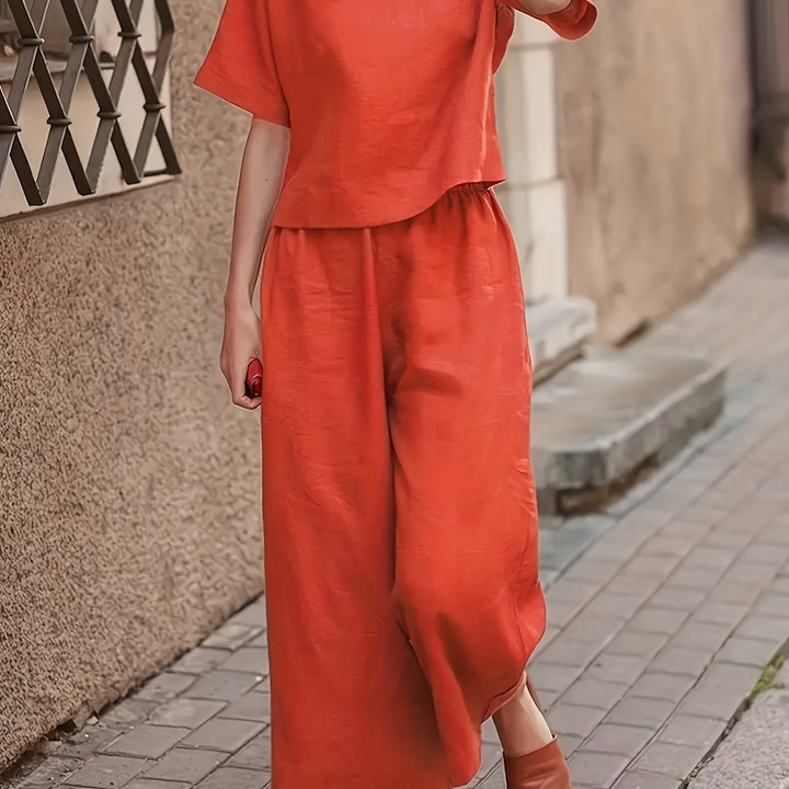 Linen Crew Neck Short Sleeve Top and Wide Leg Pants Set
