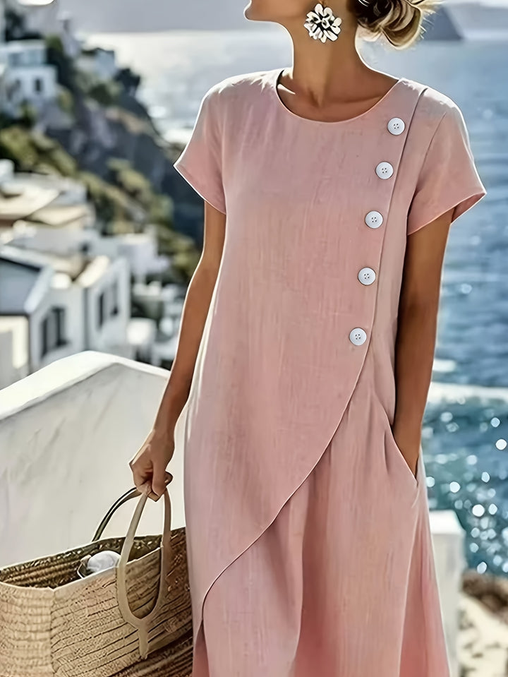 Linen Button Detail Short Sleeve Casual Midi Dress