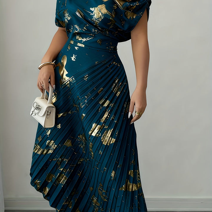 Draped One Shoulder Pleated Skirt Midi Dress - Wedding Guest