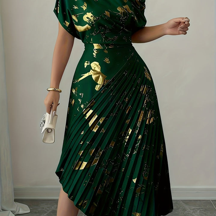 Draped One Shoulder Pleated Skirt Midi Dress - Wedding Guest