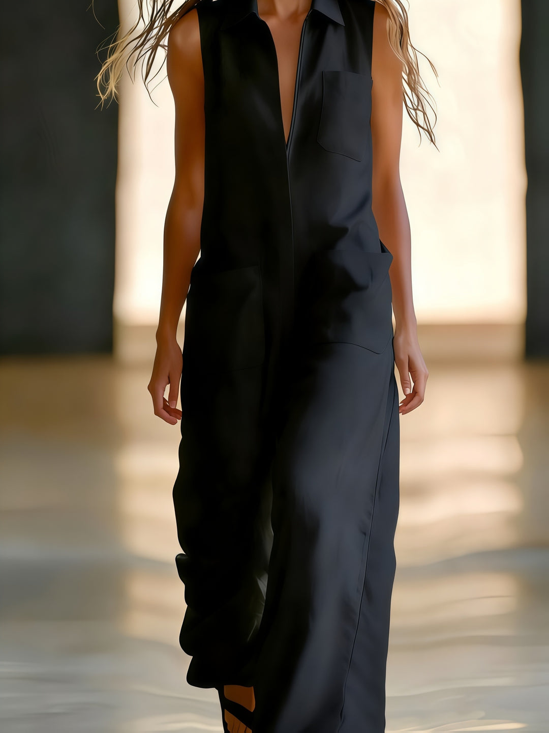 Linen Collared Sleeveless Wide Leg Utility Jumpsuit