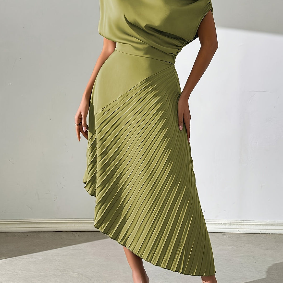 Draped One Shoulder Pleated Skirt Midi Dress - Wedding Guest