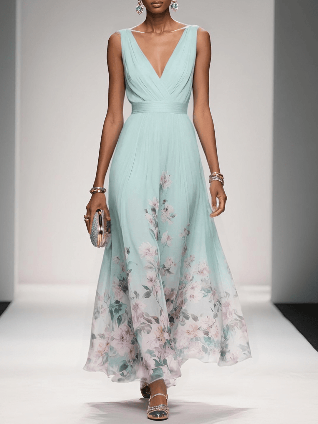 Floral Border Print Deep V Neck Ruched Chiffon Maxi Dress - Wedding Guest