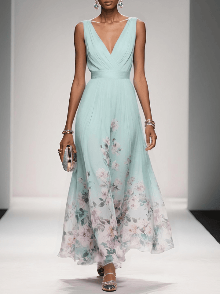 Floral Border Print Deep V Neck Ruched Chiffon Maxi Dress - Wedding Guest