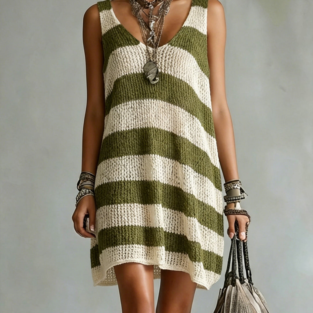 Striped V Neck Knit Casual Mini Dress for Vacation