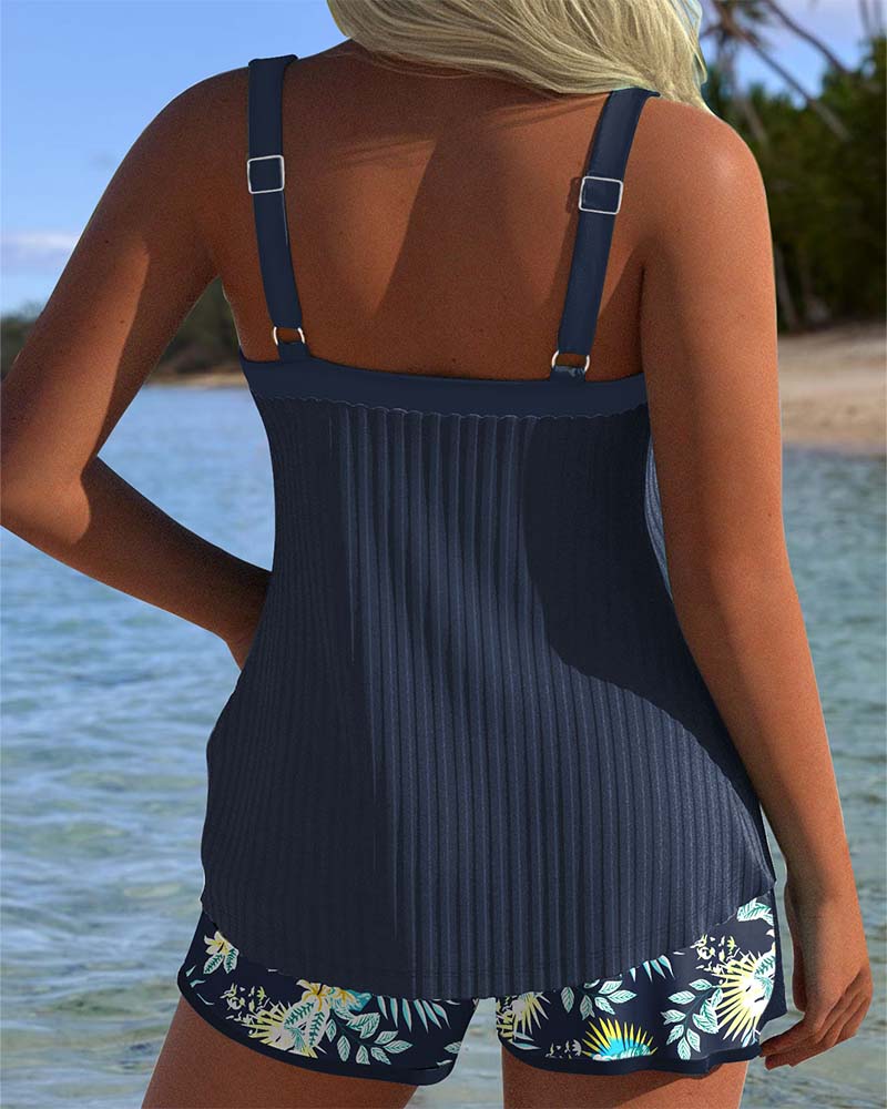 Ribbed Tie Front Tropical Short Tankini Set