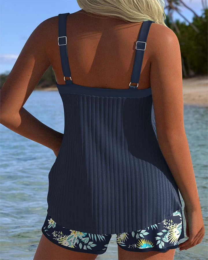Ribbed Tie Front Tropical Short Tankini Set