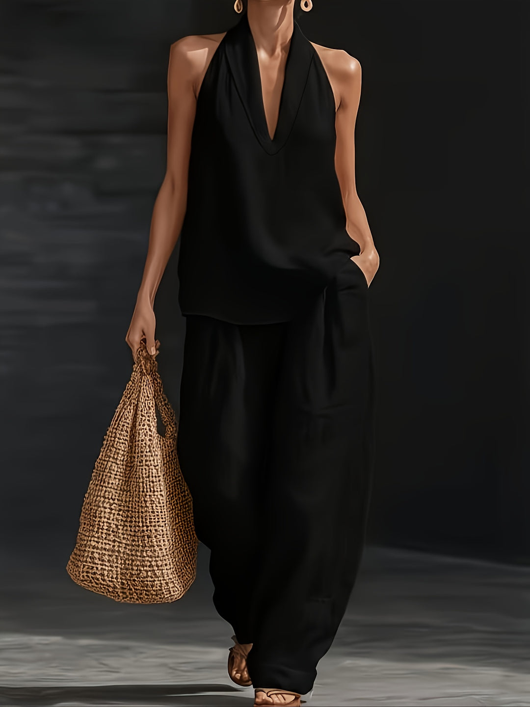 Linen Halter V Neck Backless Top and Wide Leg Pants Set