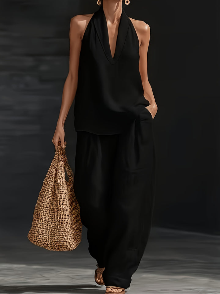 Linen Halter V Neck Backless Top and Wide Leg Pants Set
